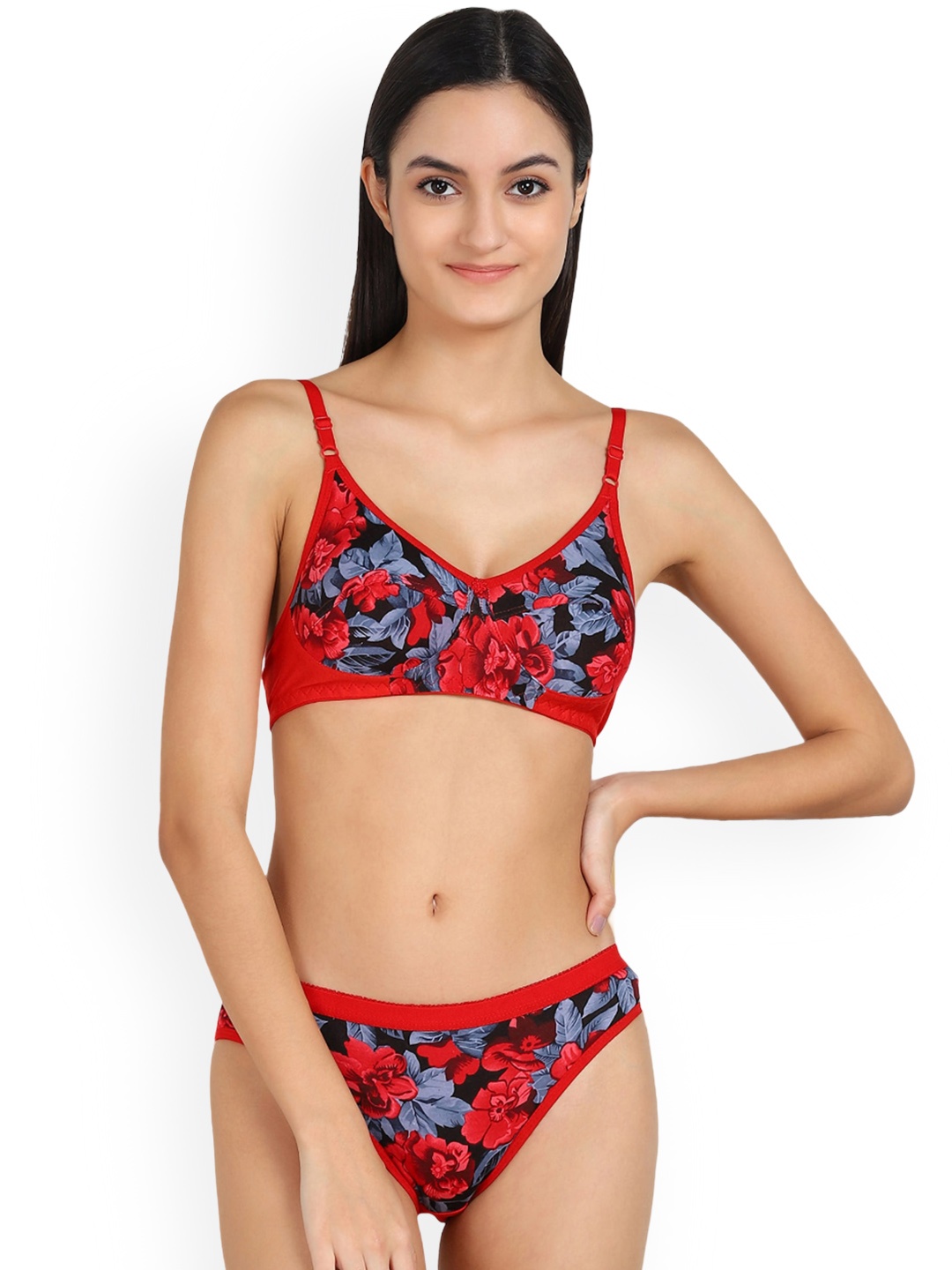 

In-Curve Floral Printed Non Padded Breathable Cotton Lingerie Set, Red
