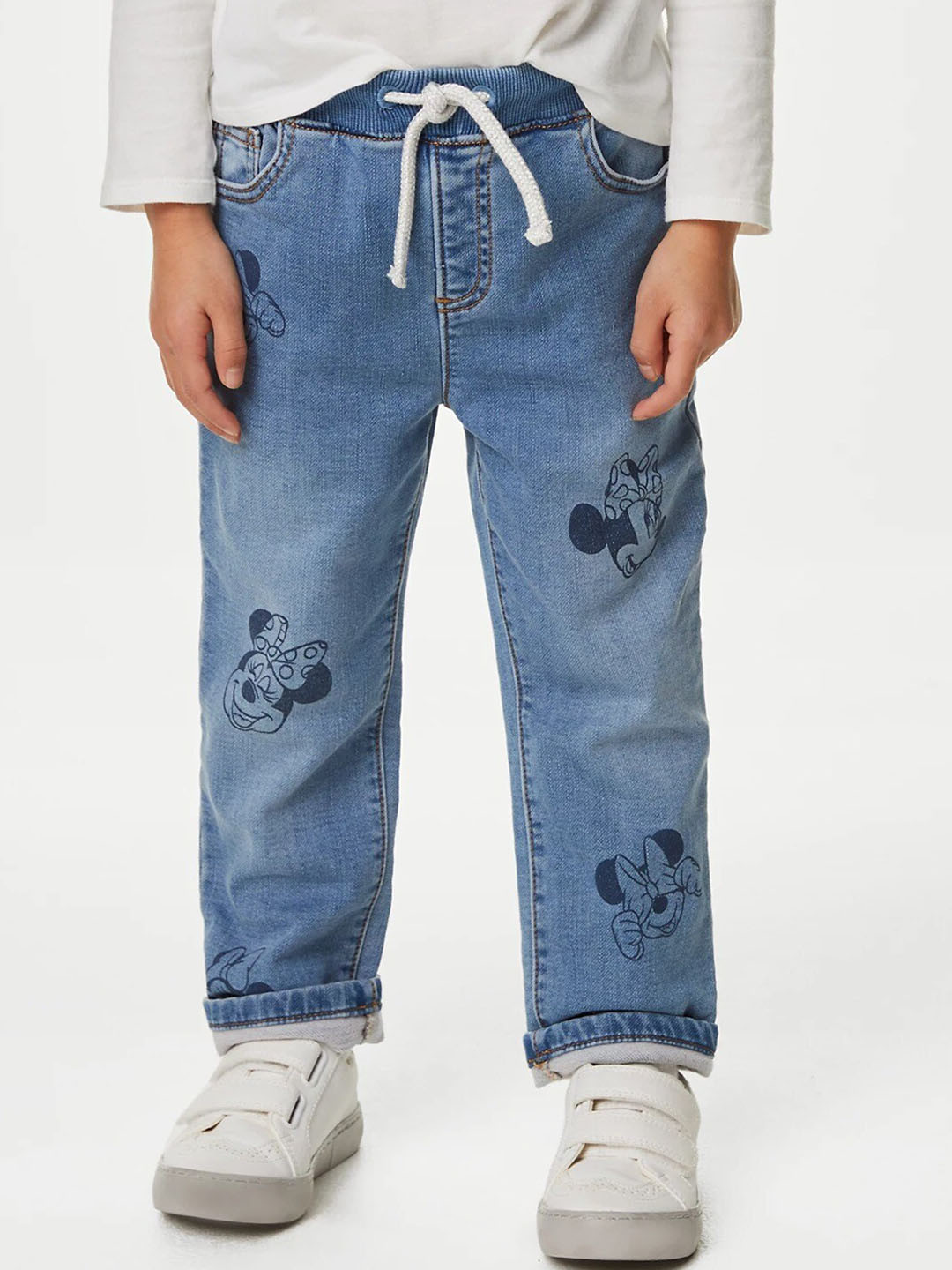 

Marks & Spencer Girls Straight Fit Minnie Mouse Printed Light Fade Stretchable Jeans, Blue