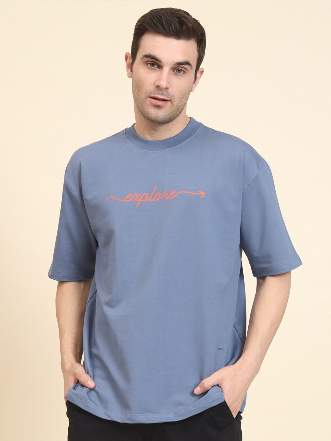 

MUWIN Graphic Printed Round Neck Short Sleeves Bio Finish Oversized T-shirt, Blue