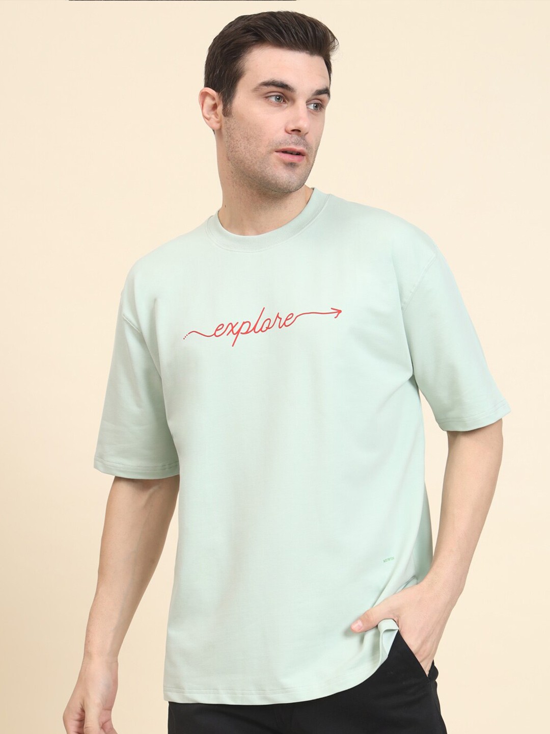 

MUWIN Graphic Printed Round Neck Short Sleeves Bio Finish Oversized T-shirt, Green
