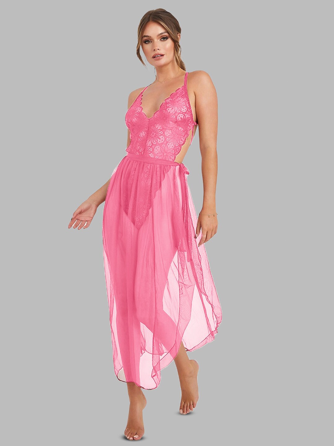 

VAGHBHATT Net Baby Doll with Asymmetric, Pink