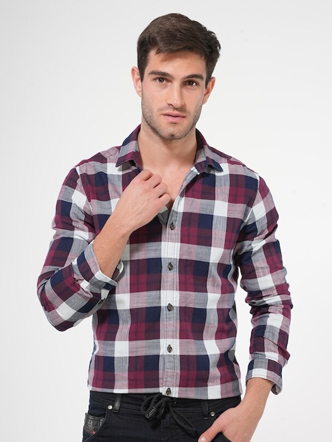 

POE Smart Slim Fit Tartan Checked Spread Collar Pure Cotton Casual Shirt, Maroon