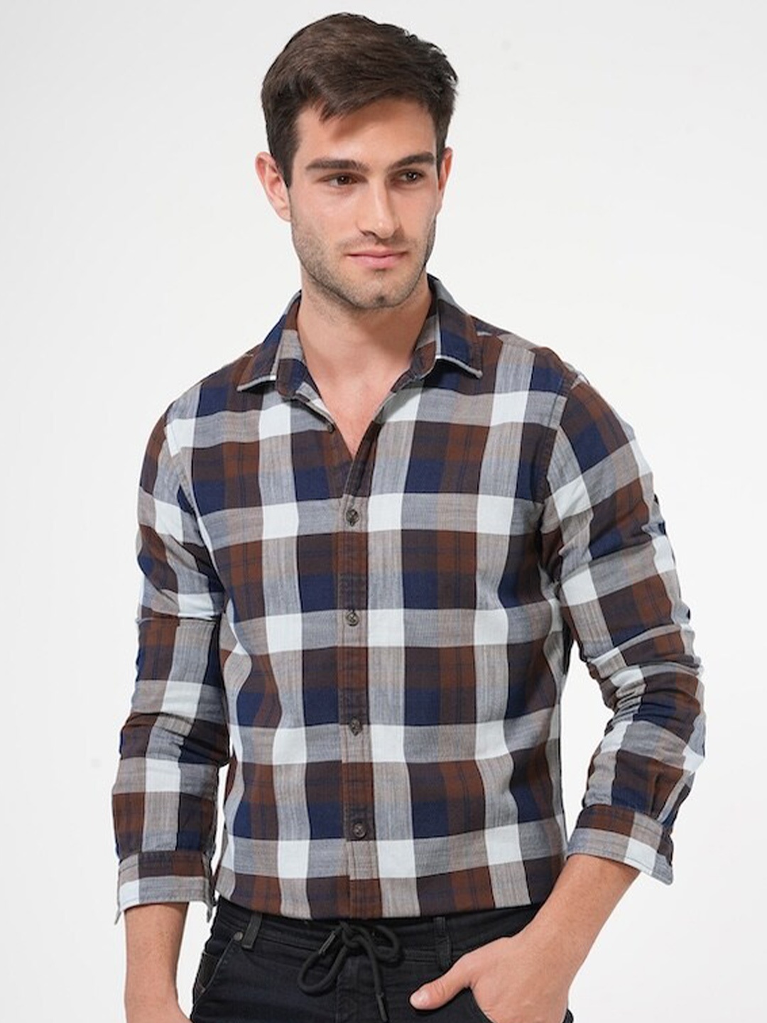 

POE Smart Slim Fit Tartan Checked Spread Collar Pure Cotton Casual Shirt, Brown