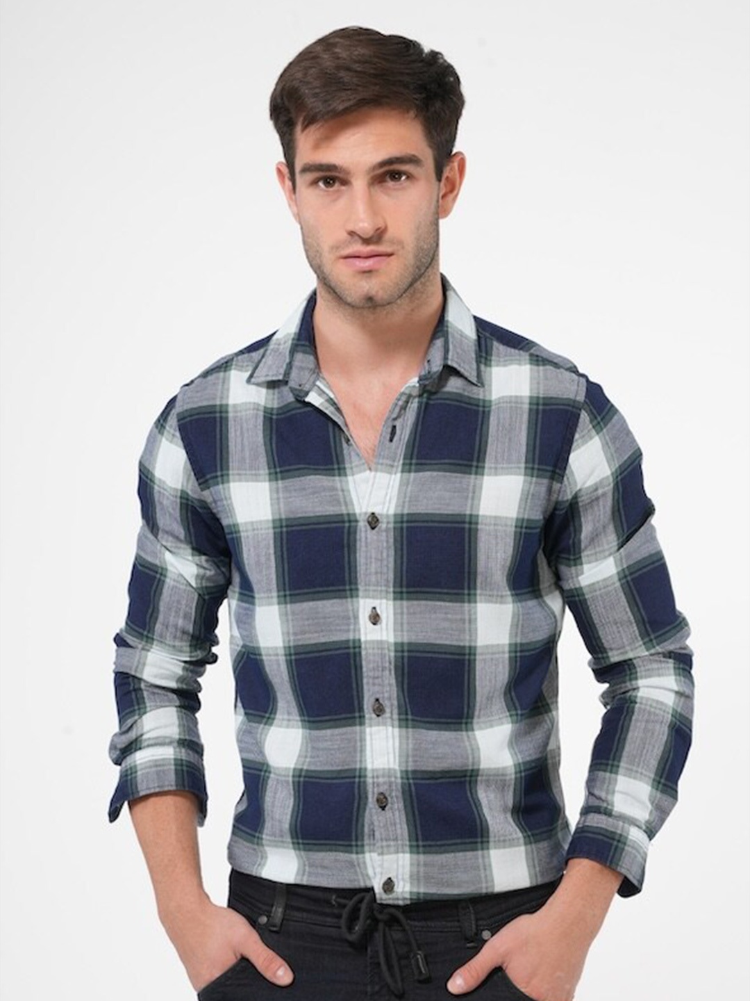

POE Smart Slim Fit Tartan Checked Spread Collar Pure Cotton Casual Shirt, Navy blue