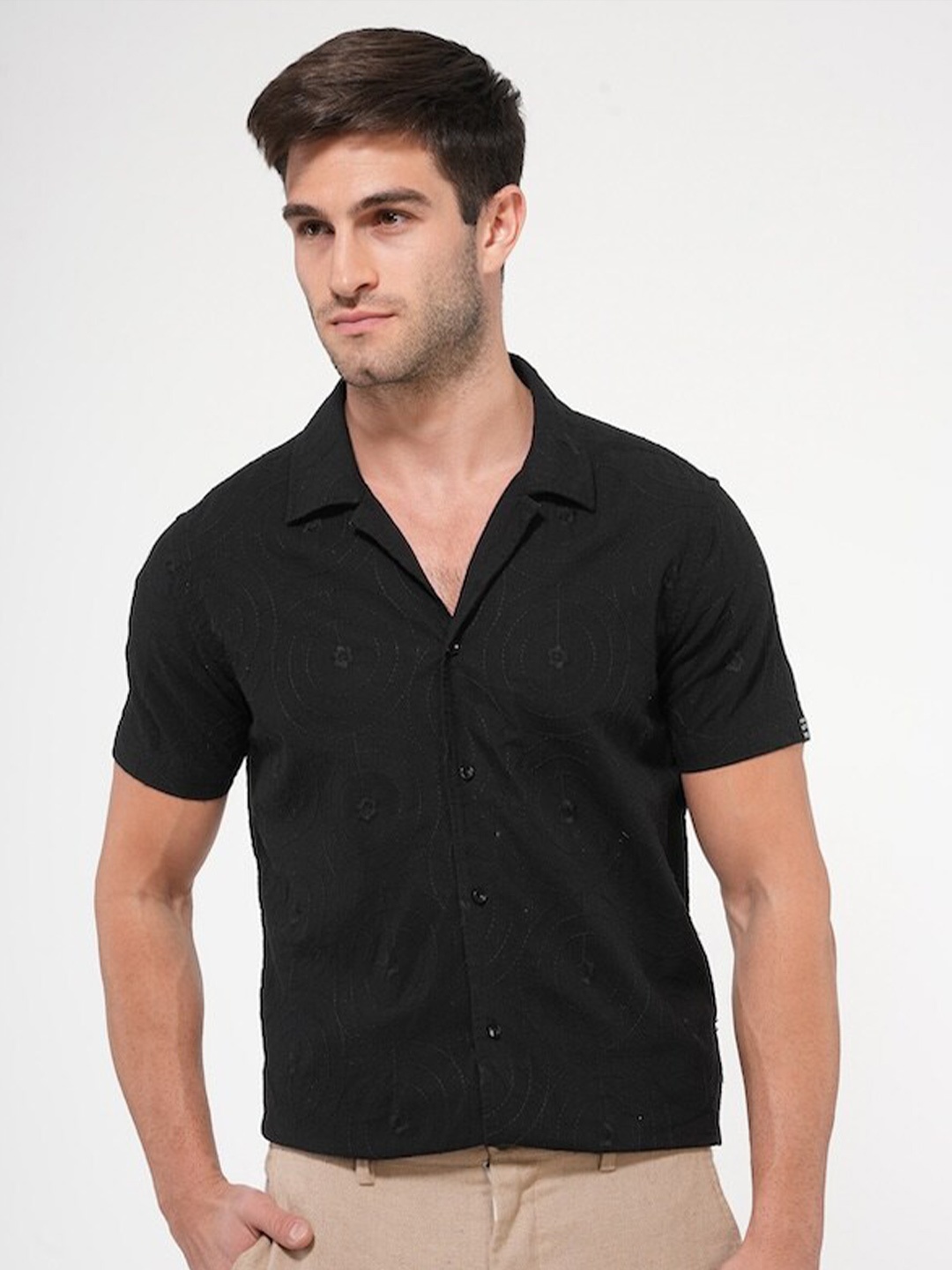 

POE Smart Slim Fit Geometric Embroidered Cuban Collar Linen Cotton Casual Shirt, Black