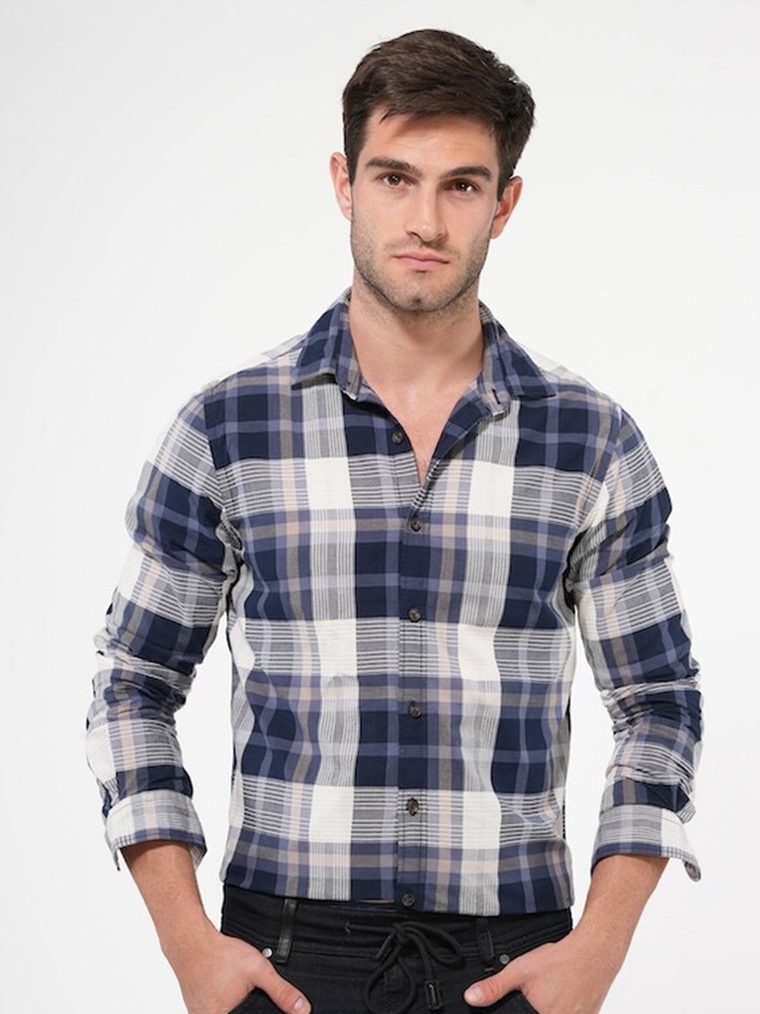 

POE Smart Slim Fit Tartan Checked Pure Cotton Casual Shirt, Navy blue