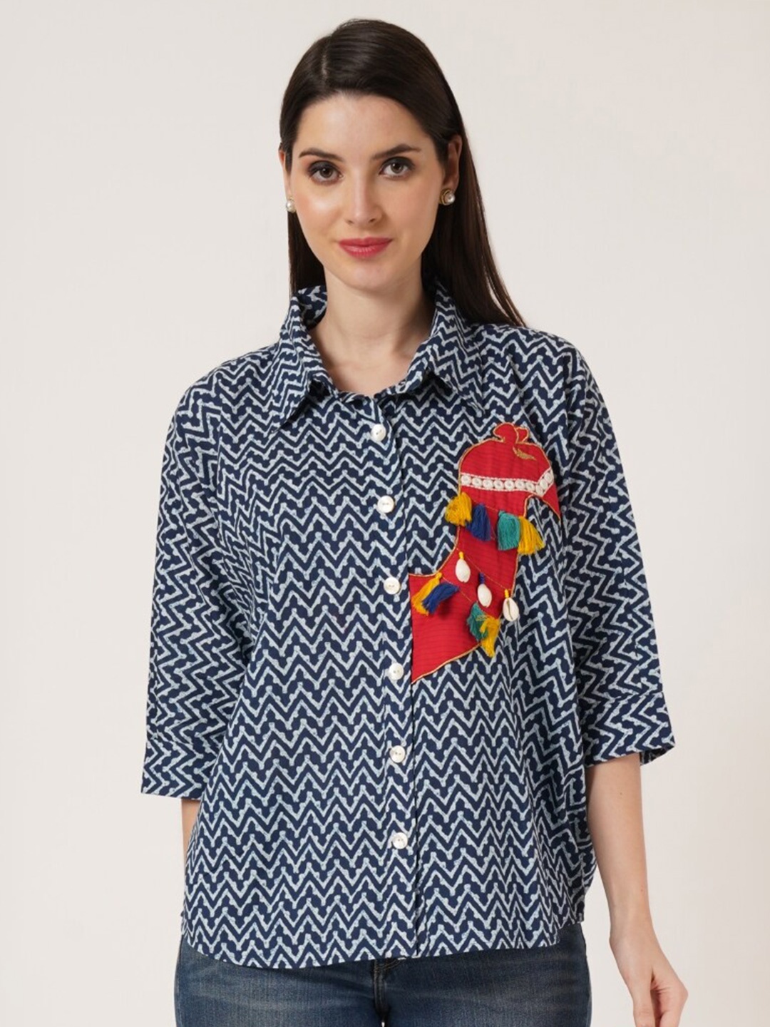 

KALINI Classic Fit Chevron Printed Patchwork Casual Jaipuri Cotton Shirt, Blue