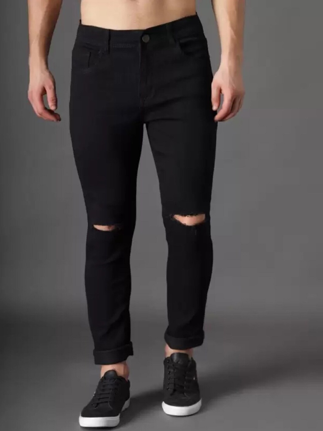 

MM-21 Men Jean Mid-Rise Slash Knee Stretchable Jeans, Black