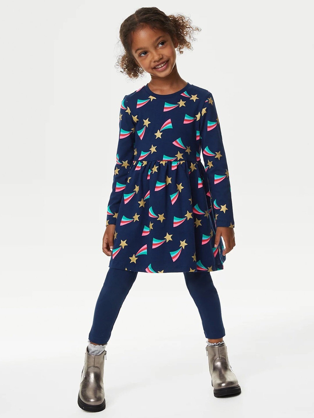 

Marks & Spencer Girls Printed Cotton Fit & Flare Dress, Navy blue