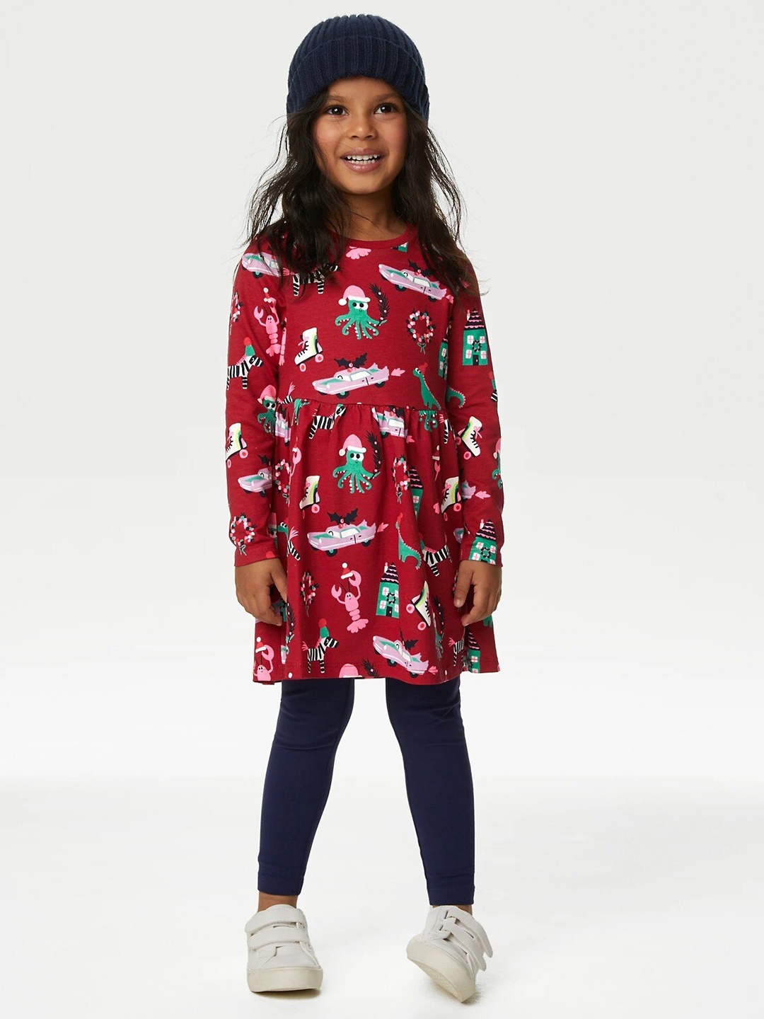 

Marks & Spencer Girls Printed Cotton Fit & Flare Dress, Red