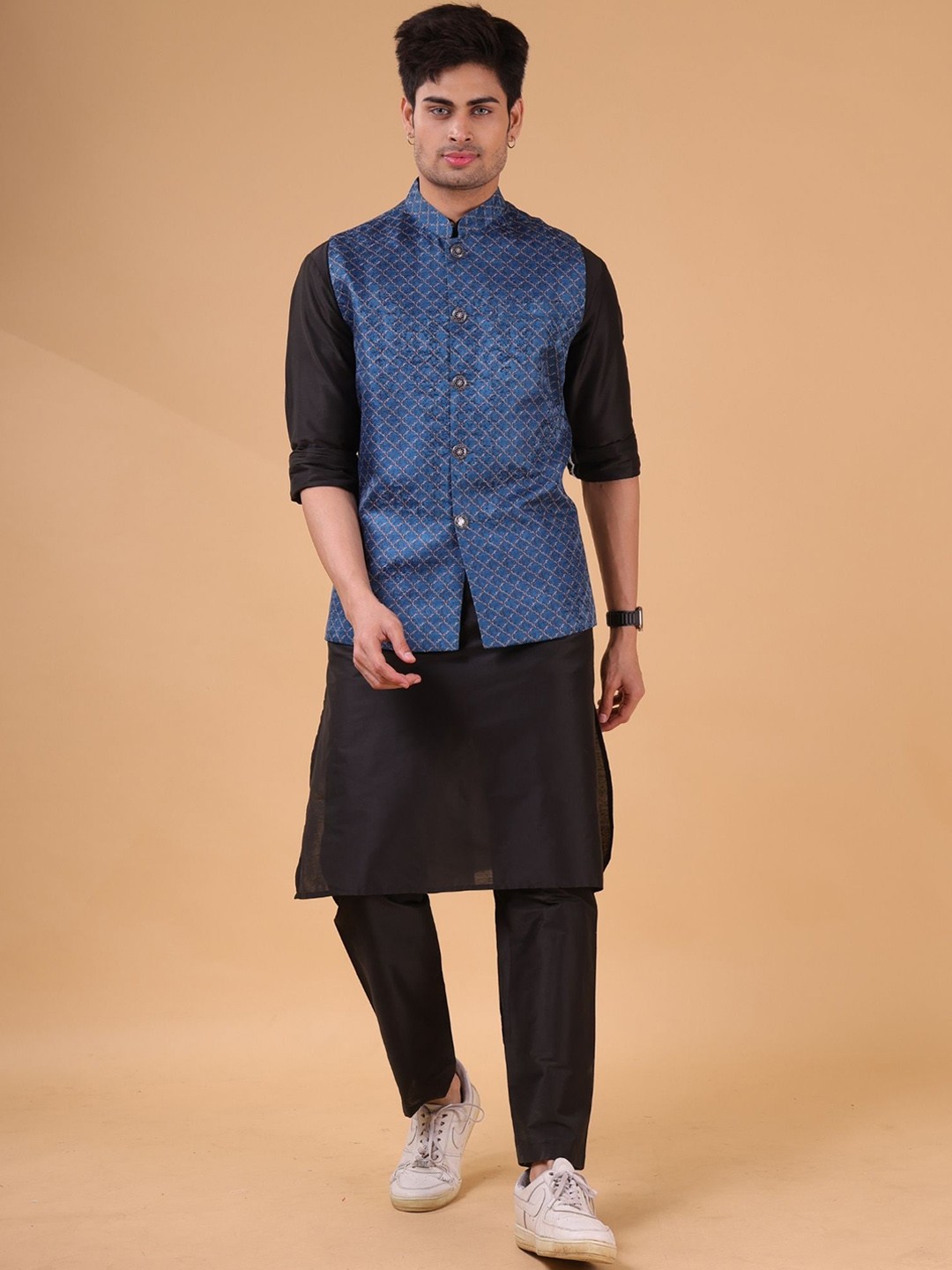 

SHIWAM ETHNIX Checked Lightweight Cotton Silk Nehru Jacket, Blue