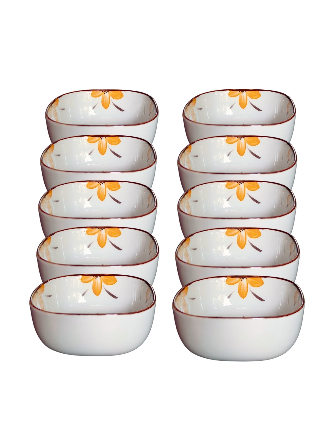 

UniKart White & Yellow 10 Pieces Floral Printed Glossy Bowls 200 ml Each