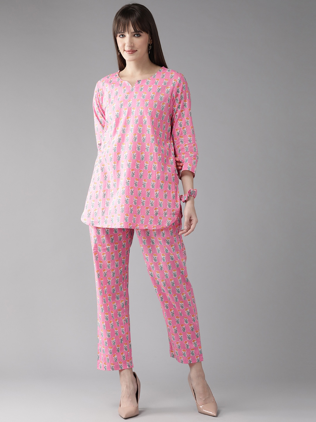 

Cayman Women Printed Pure Cotton Tunic with Trousers, Pink