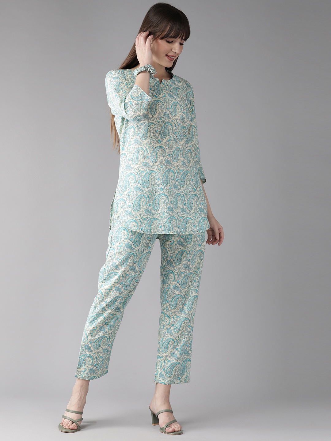 

Cayman Women Printed Pure Cotton Tunic with Trousers, Turquoise blue