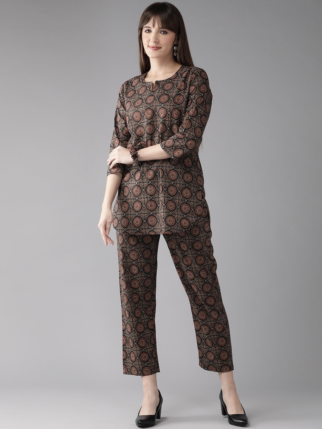 

Cayman Women Printed Pure Cotton Tunic with Trousers, Black