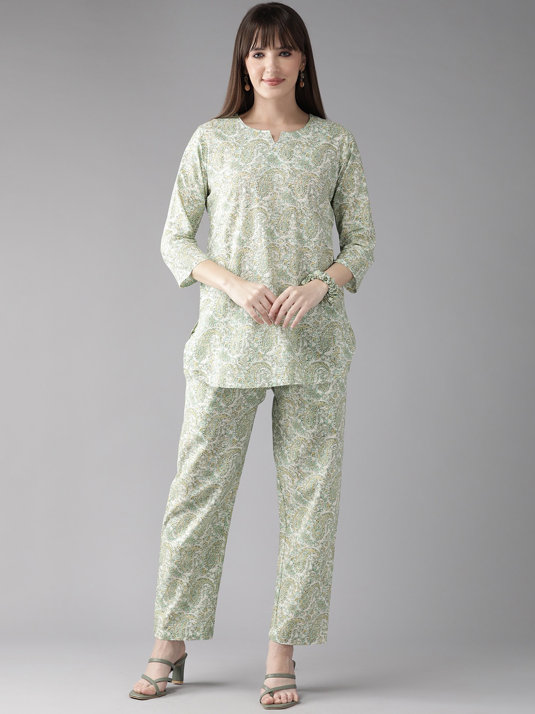 

Cayman Women Printed Pure Cotton Tunic with Trousers, Green
