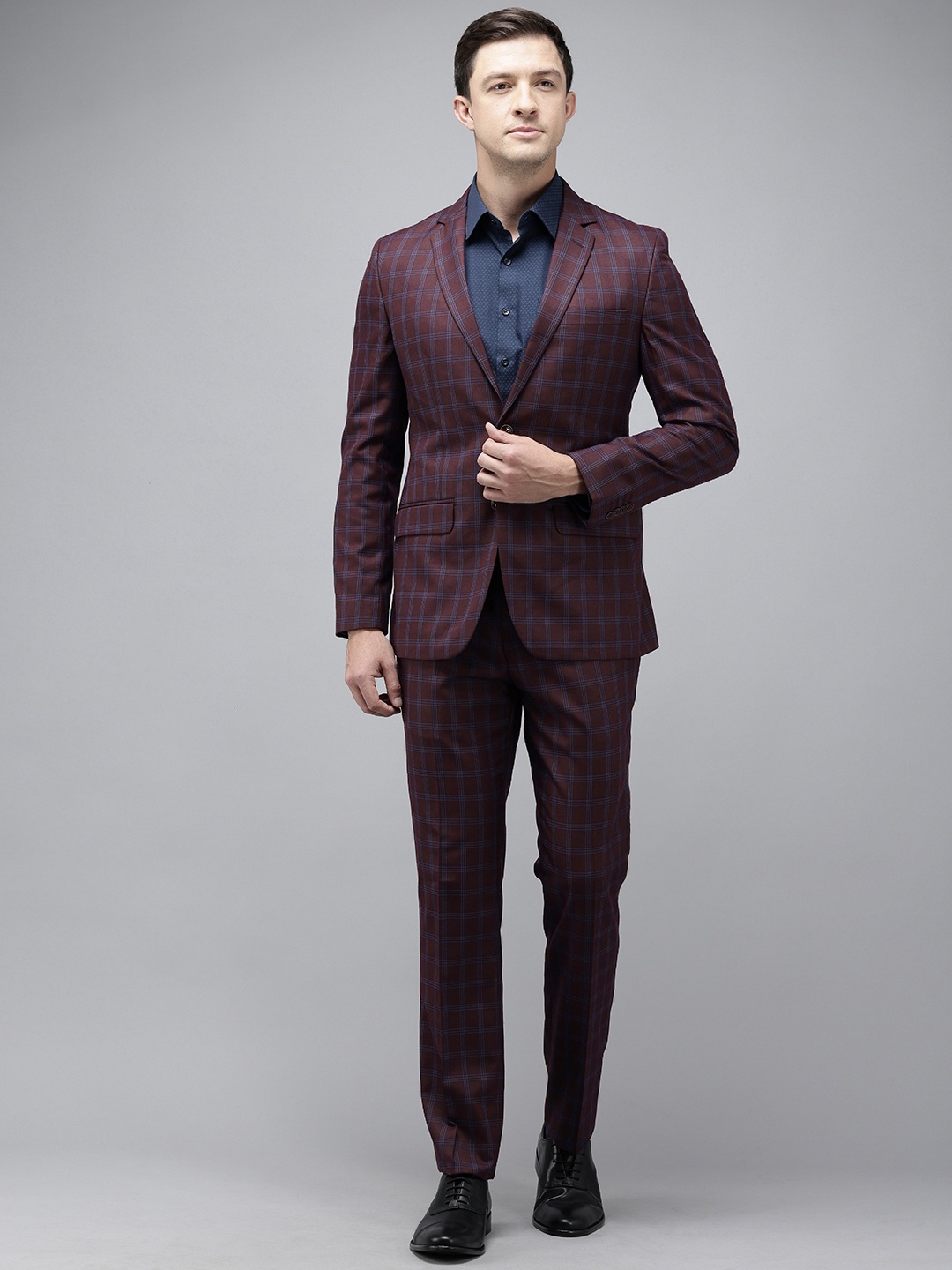 

Park Avenue Checked Super Slim Fit Notched Lapel Collar 2 Piece Formal Suit, Maroon