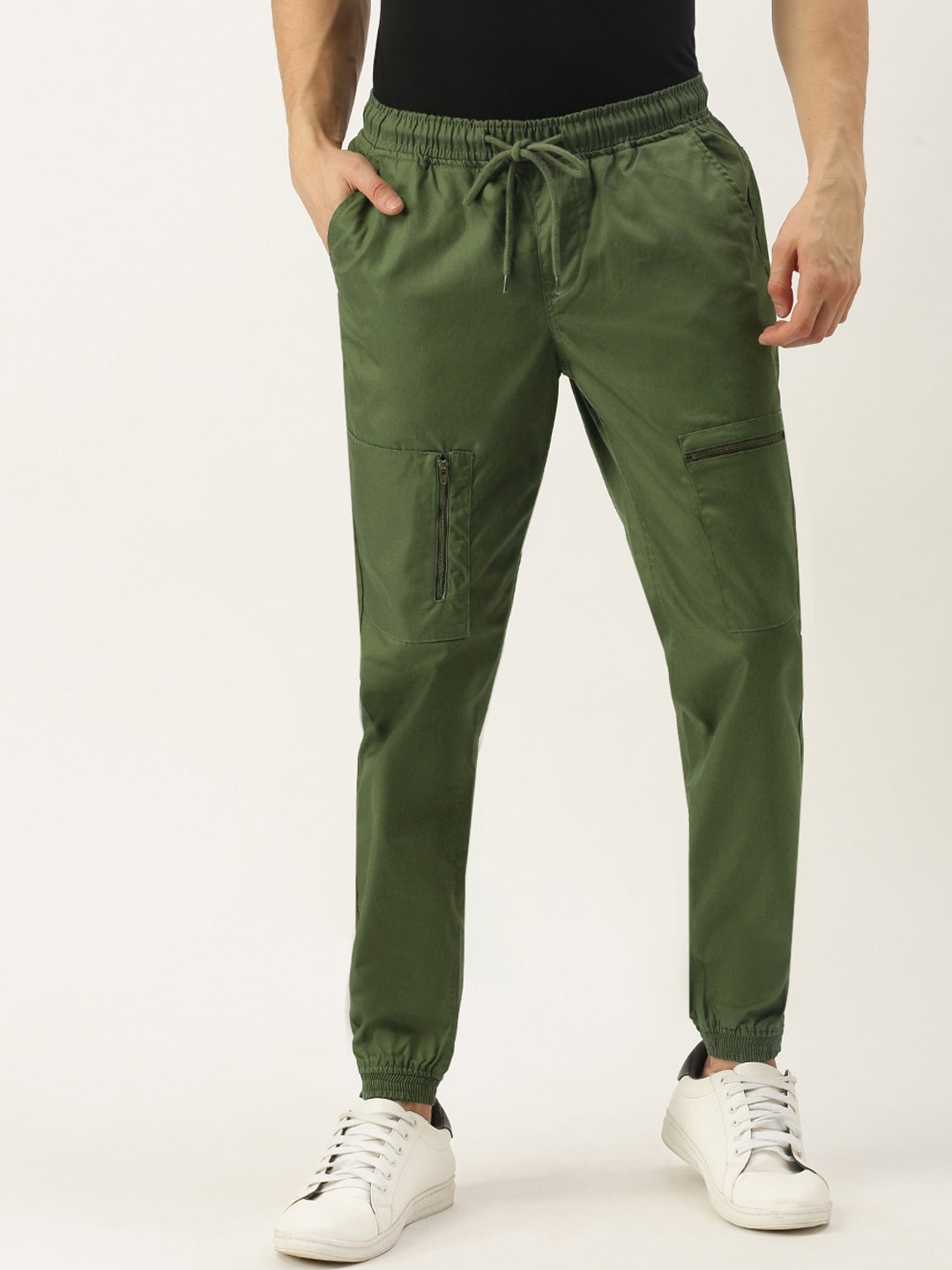 

IVOC Men Slim Fit Mid-Rise Pure Cotton Cargo Joggers, Olive