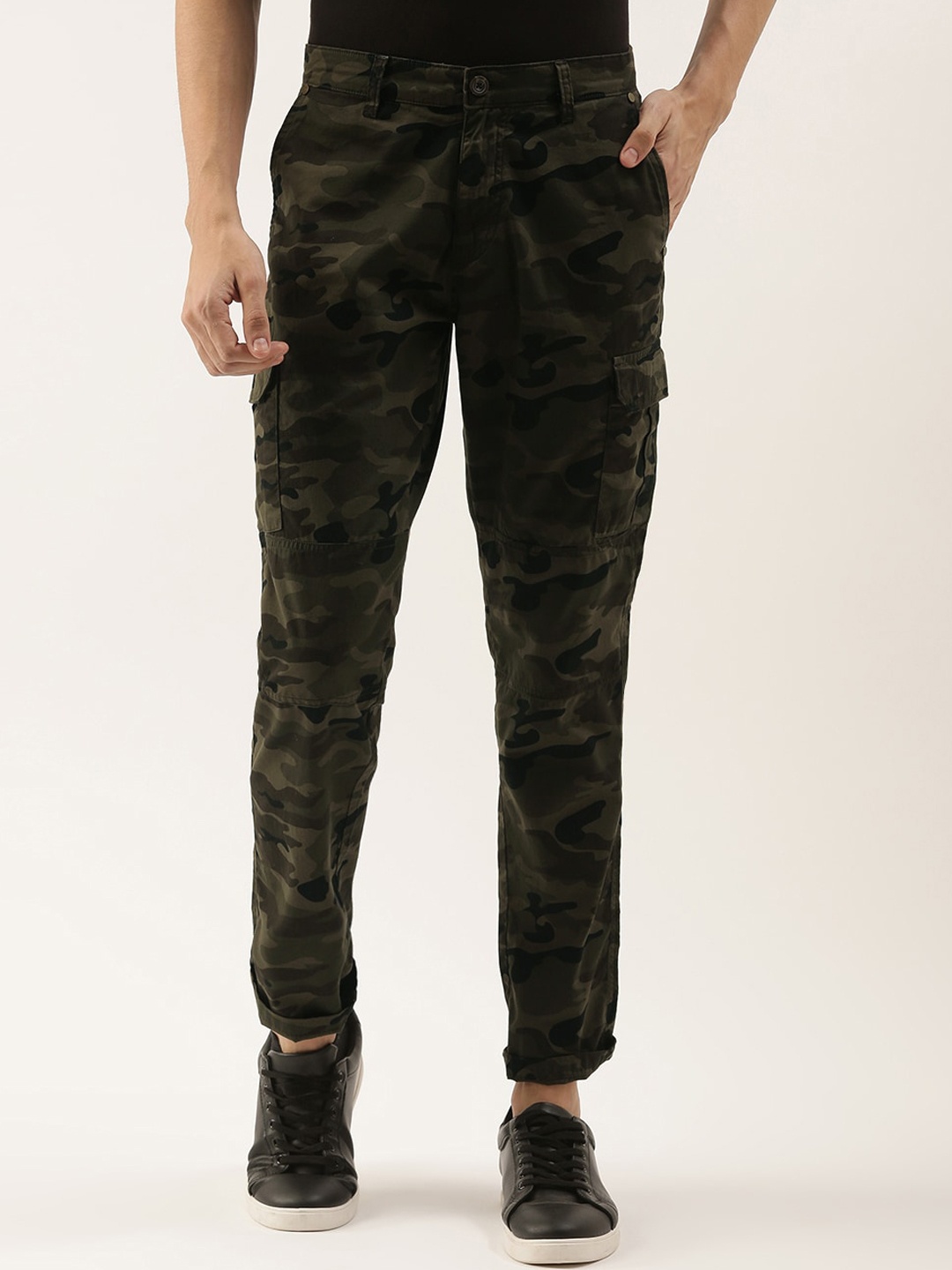 

IVOC Men Camouflage Printed Slim Fit Cotton Cargos Trousers, Olive