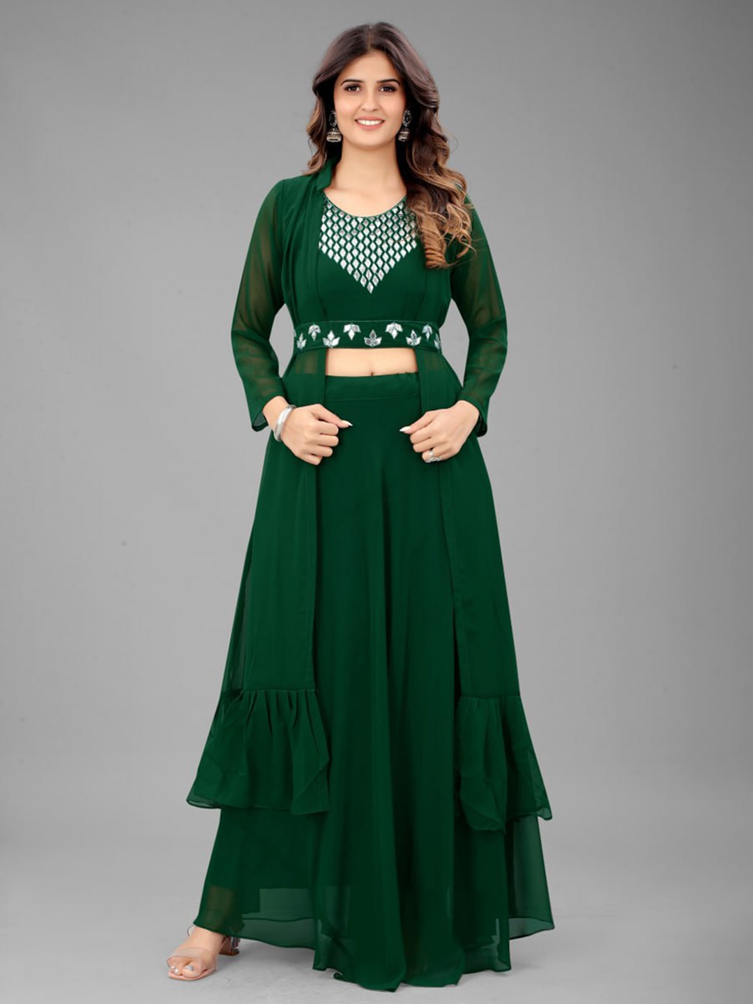 

ISHA TRADE Embellished Georgette Belted Top And Skirt With Shrug Co-Ords, Green
