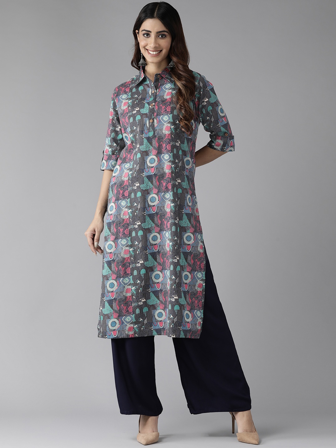 

Cayman Women Printed Kantha Work Straight Kurta, Black