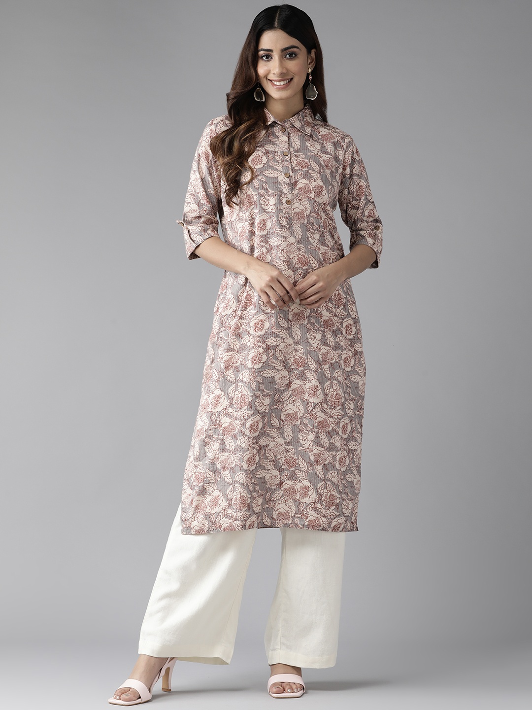 

Cayman Women Floral Printed Kantha Work Straight Kurta, Beige