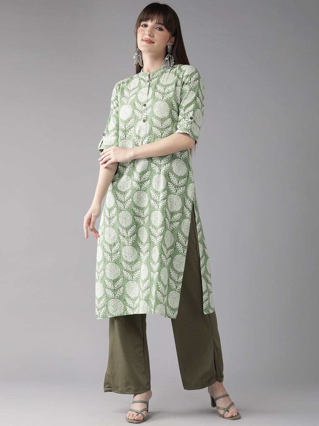 

Cayman Women Ethnic Motifs Printed Kantha Work Straight Kurta, Green