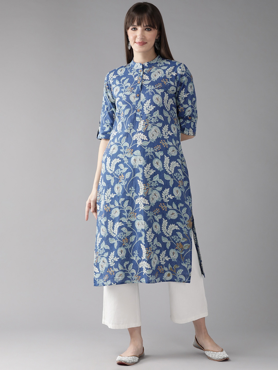 

Cayman Women Floral Printed Kantha Work Straight Kurta, Teal