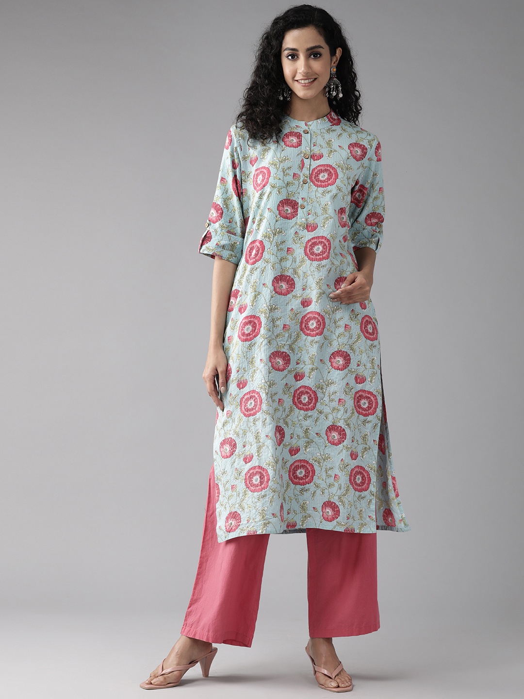 

Cayman Women Floral Printed Kantha Work Straight Kurta, Blue