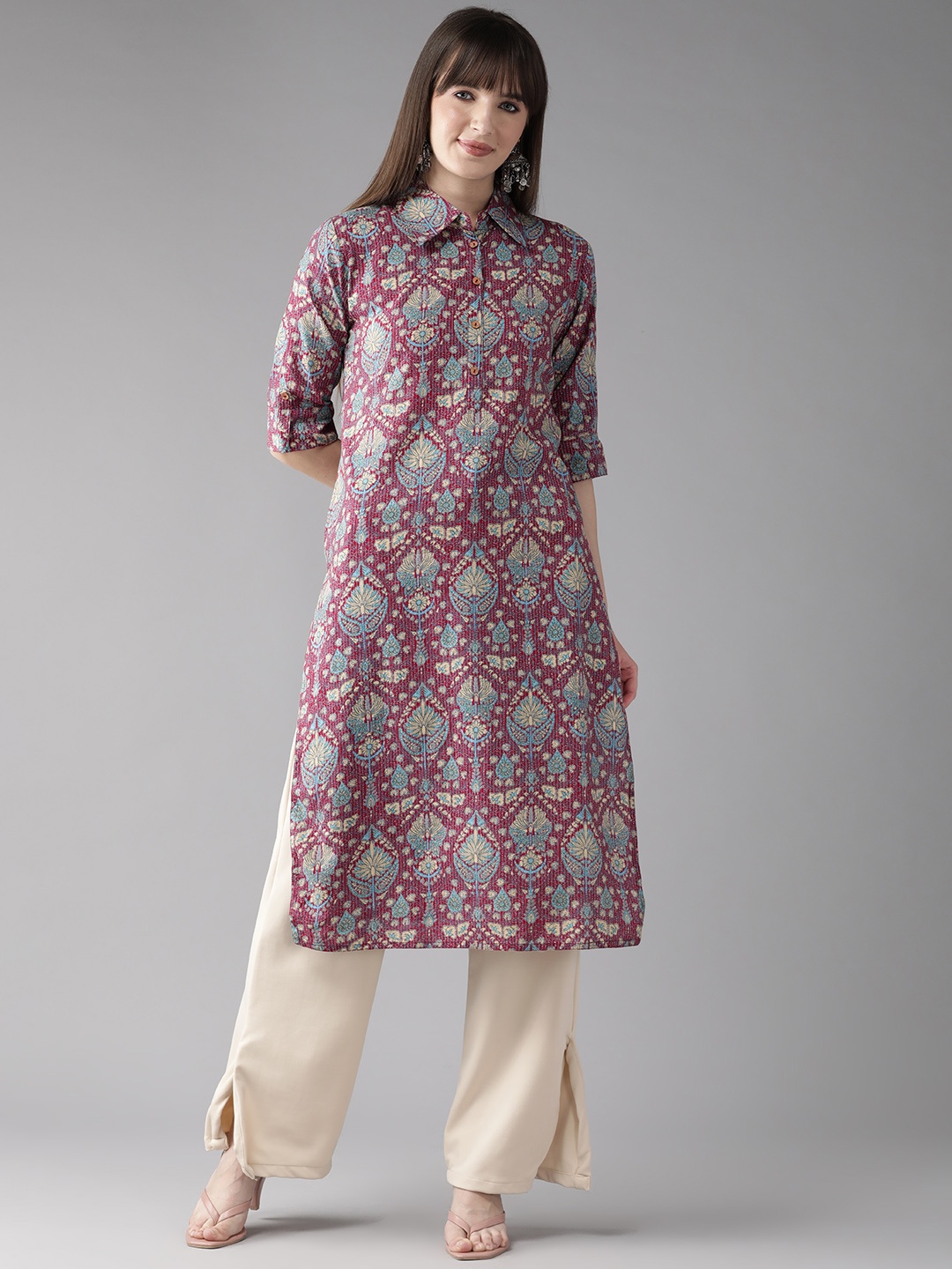 

Cayman Women Ethnic Motifs Printed Kantha Work Straight Kurta, Burgundy