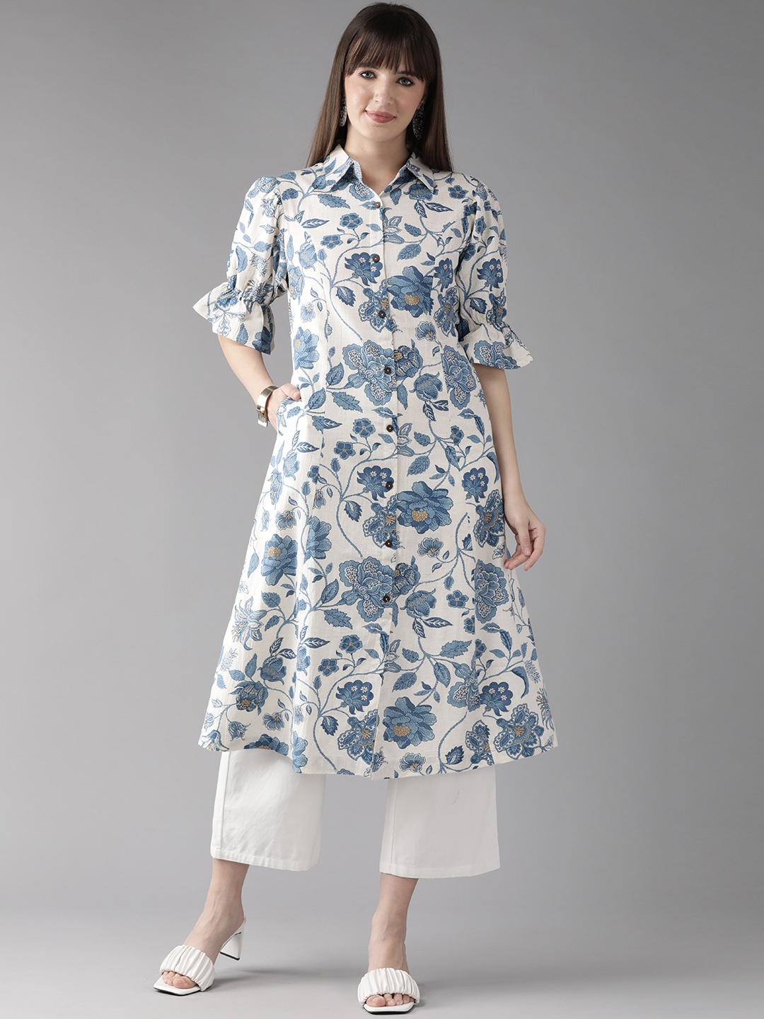 

Cayman Women Floral Printed Bell Sleeves A-Line Kurta, Blue