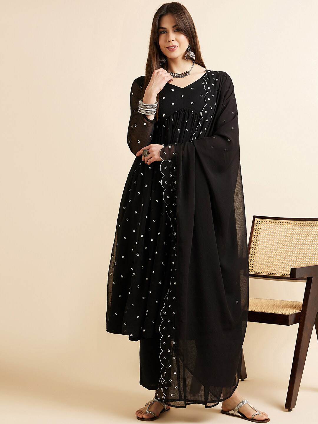 

KALINI Floral Embroidered Regular Thread Work Kurta With Trousers & Dupatta, Black