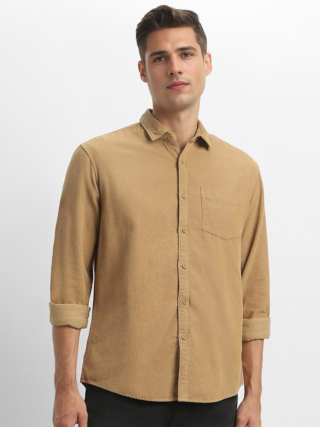 

FOREVER 21 Spread Collar Pure Cotton Casual Shirt, Brown
