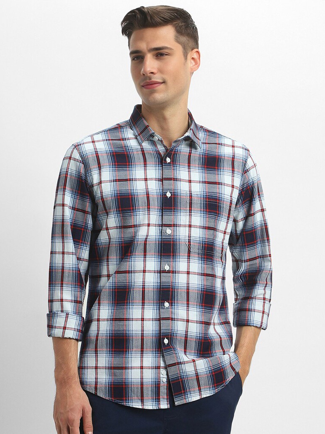 

FOREVER 21 Tartan Checked Pure Cotton Casual Shirt, Blue