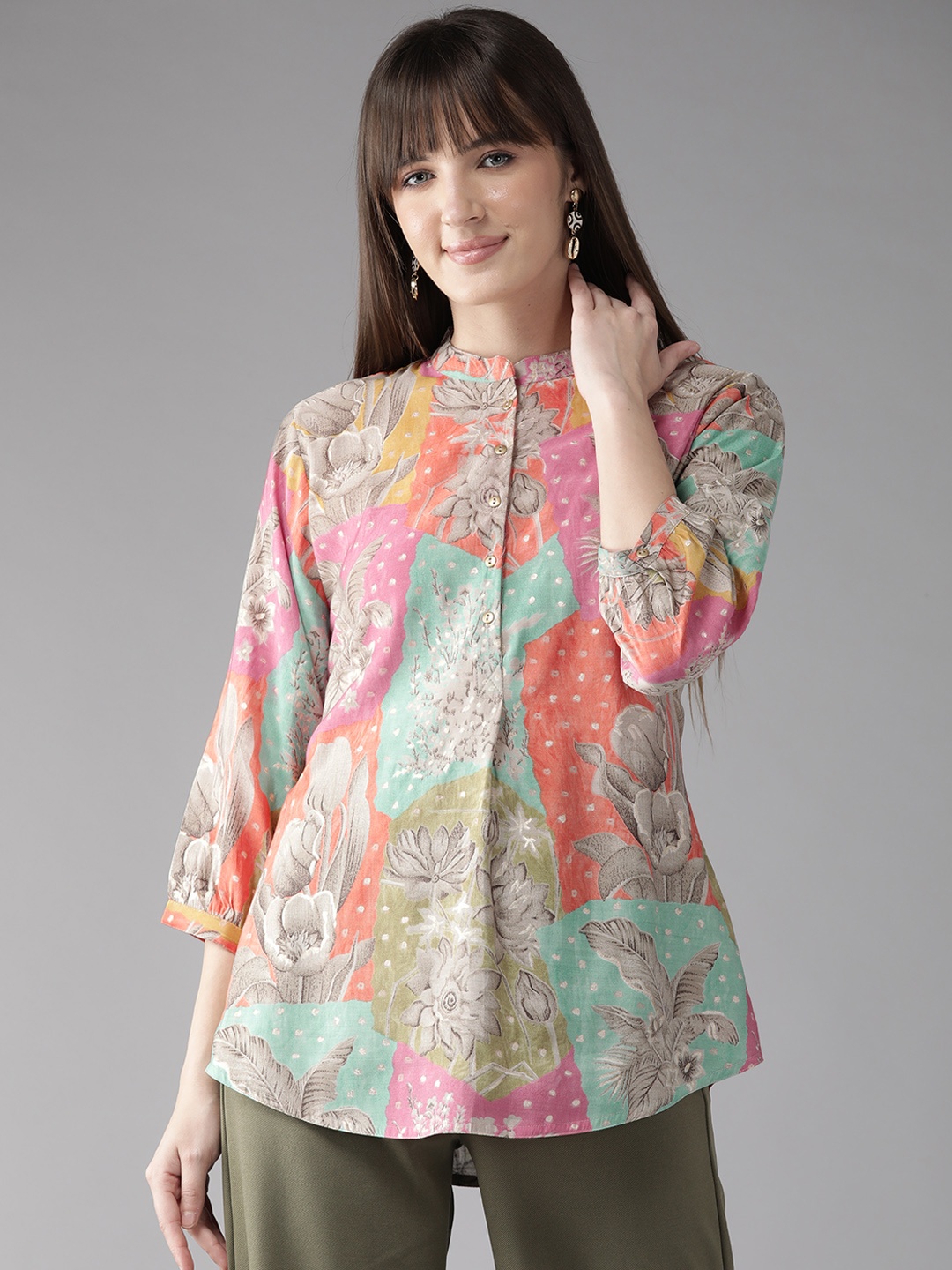 

Cayman Floral Print Mandarin Collar Longline Top, Orange