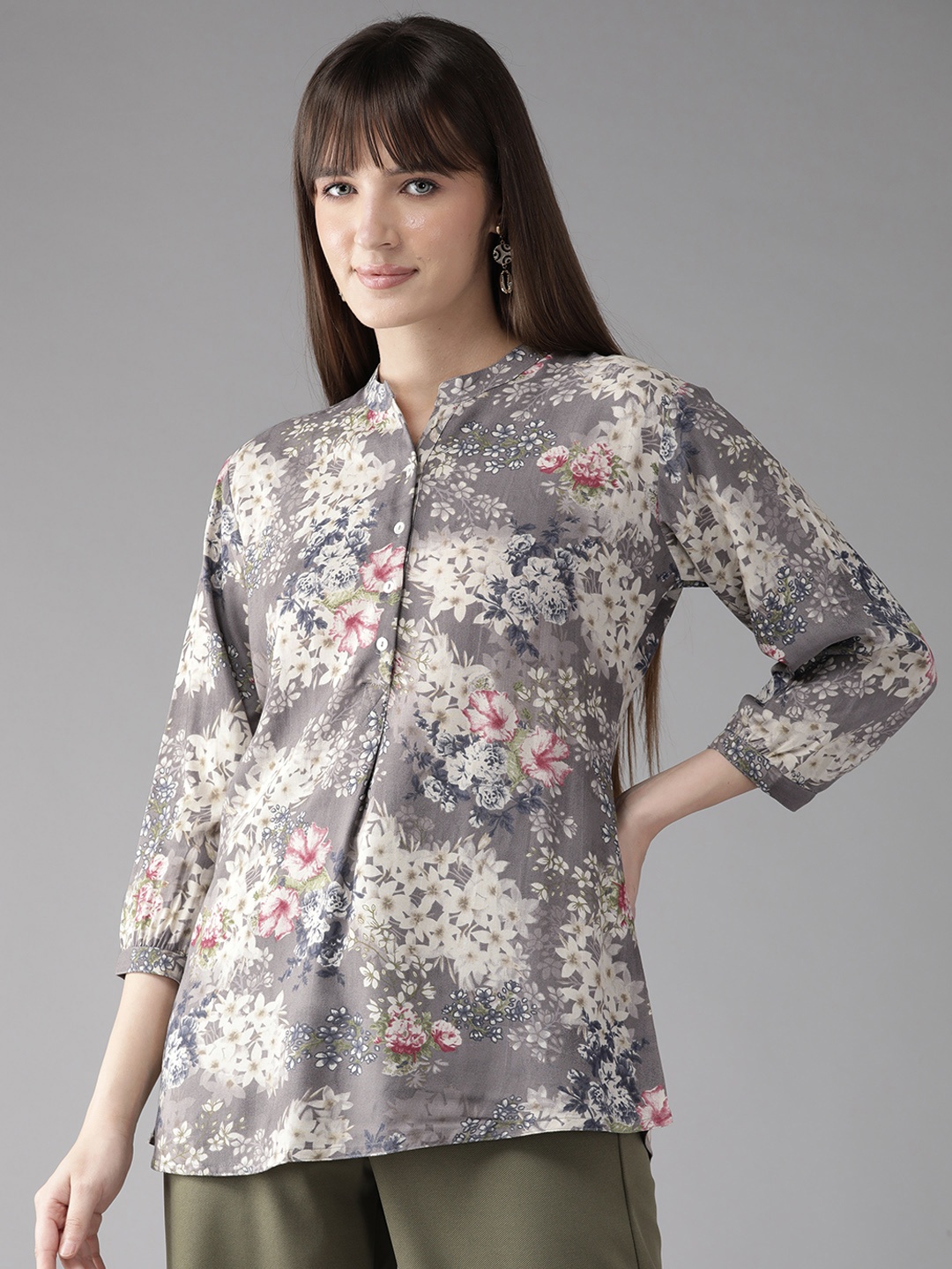 

Cayman Floral Print Mandarin Collar Longline Top, Beige