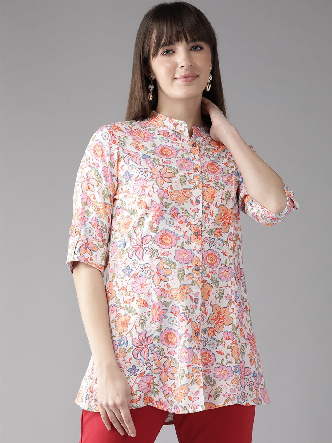 

Cayman Floral Print Mandarin Collar Roll-Up Sleeves Longline Top, Peach