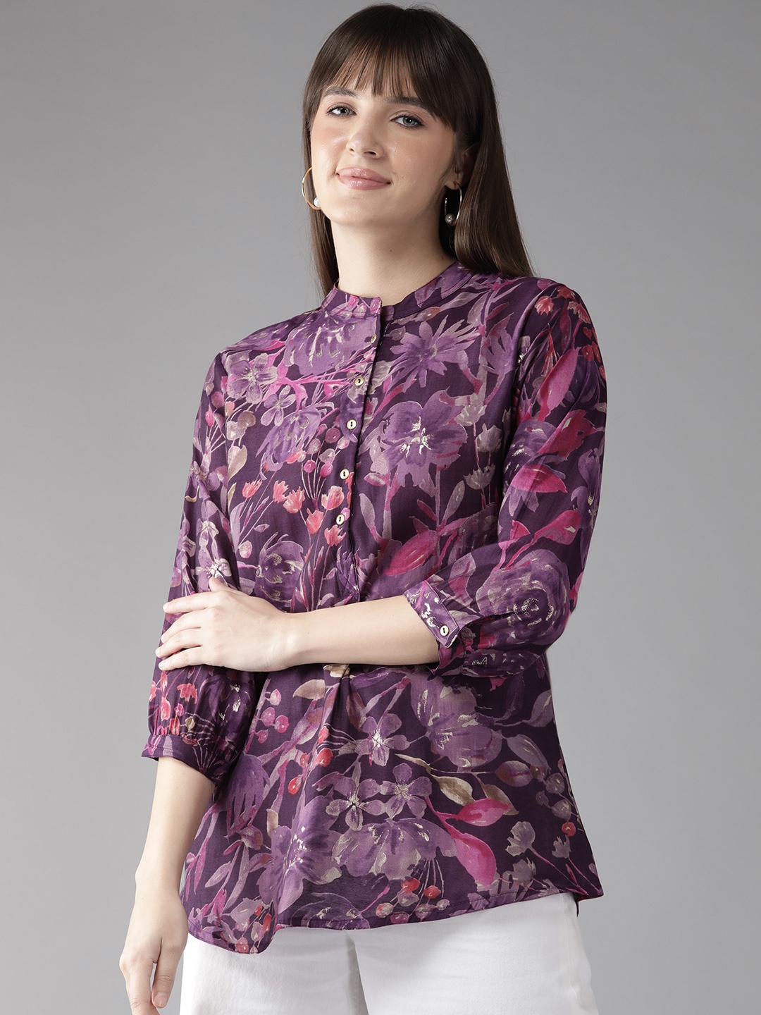 

Cayman Floral Print Mandarin Collar Longline Top, Purple