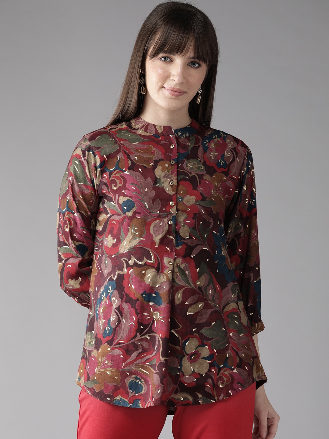 

Cayman Floral Print Mandarin Collar Longline Top, Maroon