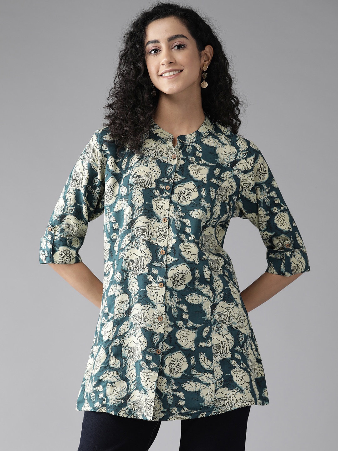 

Cayman Floral Print Mandarin Collar Roll-Up Sleeves Longline Ethnic Top, Teal