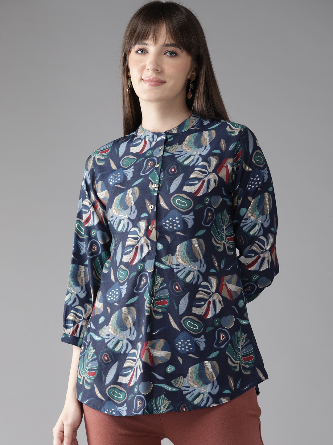 

Cayman Tropical Print Mandarin Collar Tropical Longline Ethnic Top, Navy blue