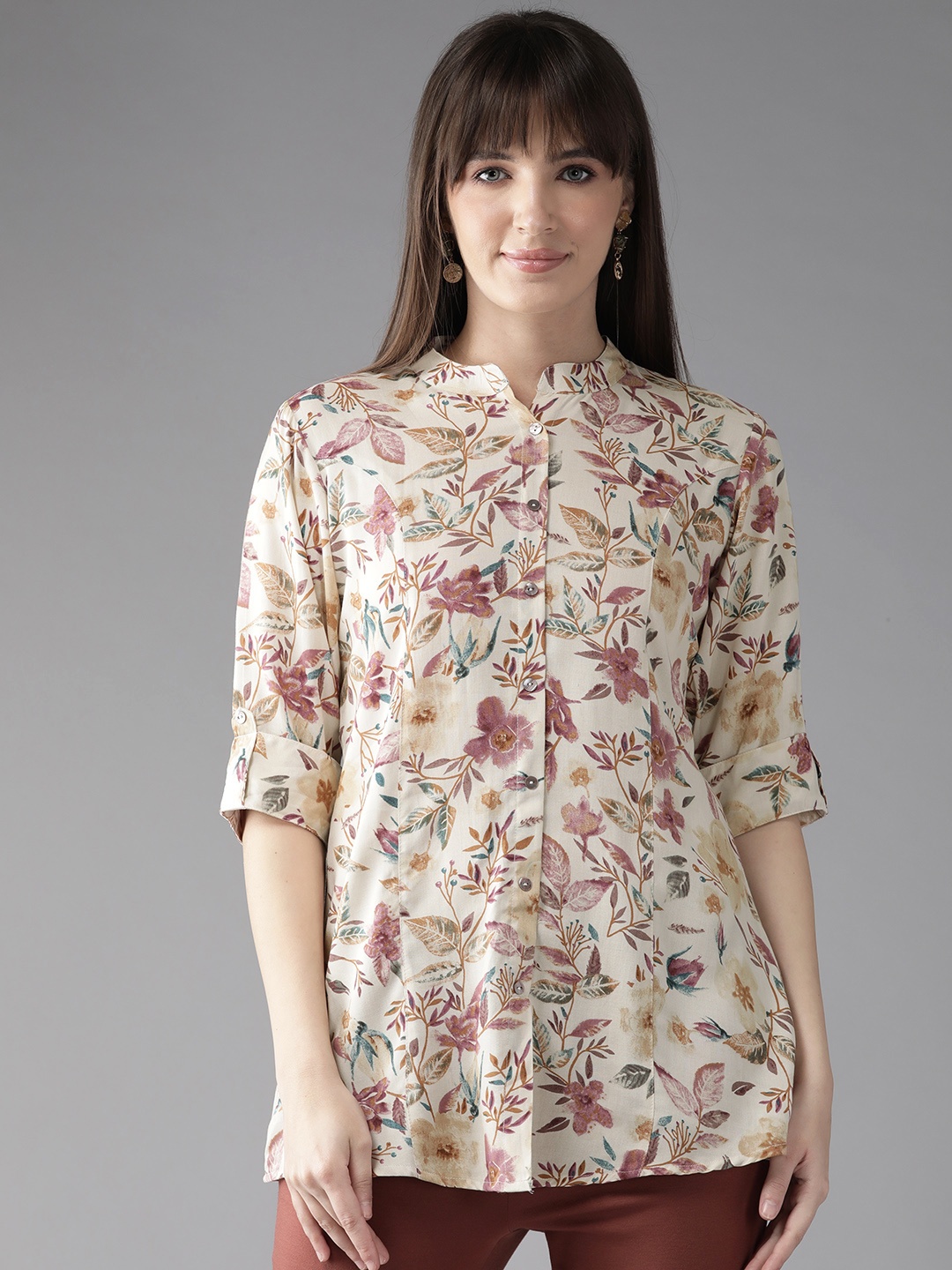 

Cayman Floral Print Mandarin Collar Roll-Up Sleeves Longline Ethnic Top, Beige