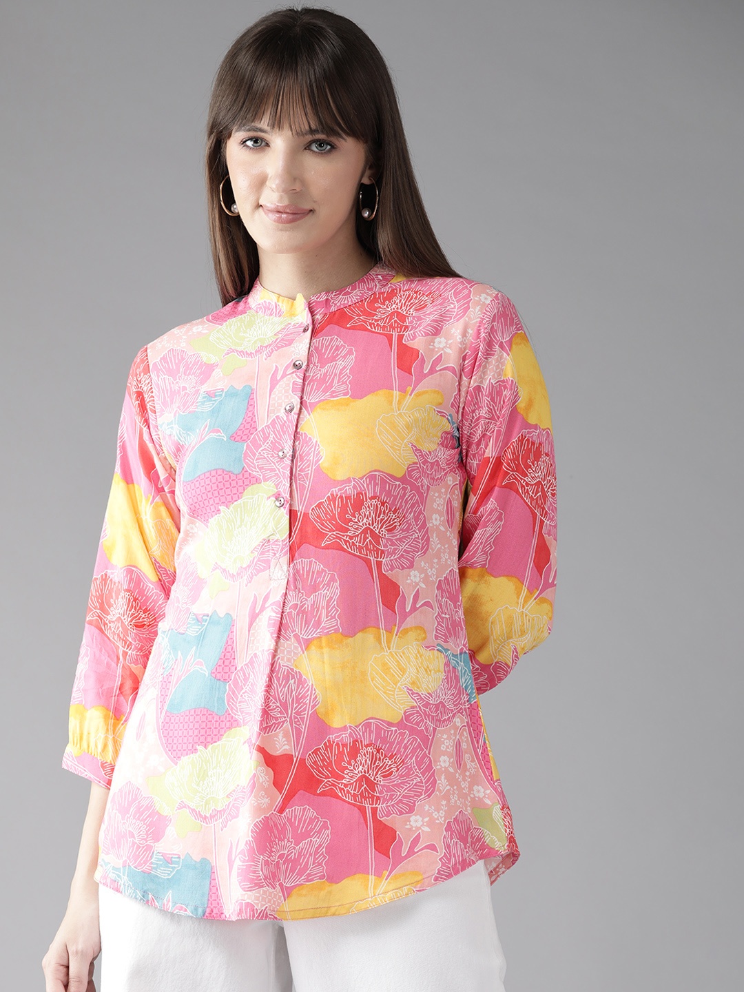

Cayman Floral Print Mandarin Collar Longline Ethnic Top, Pink