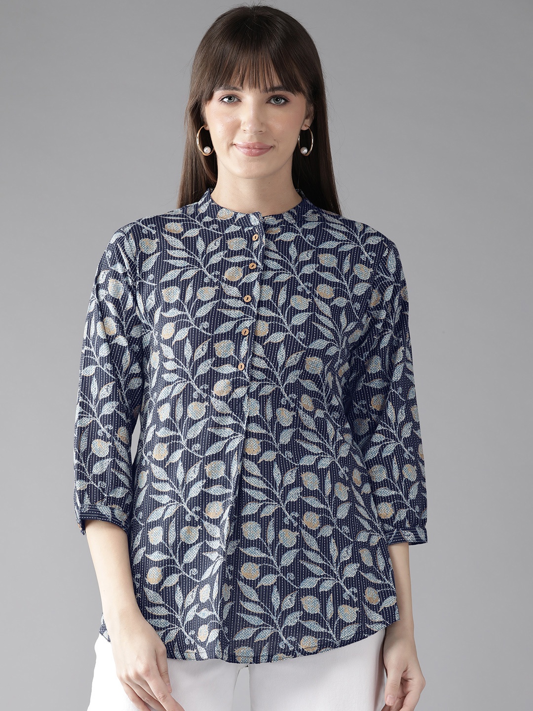 

Cayman Floral Print Mandarin Collar Longline Ethnic Top, Navy blue