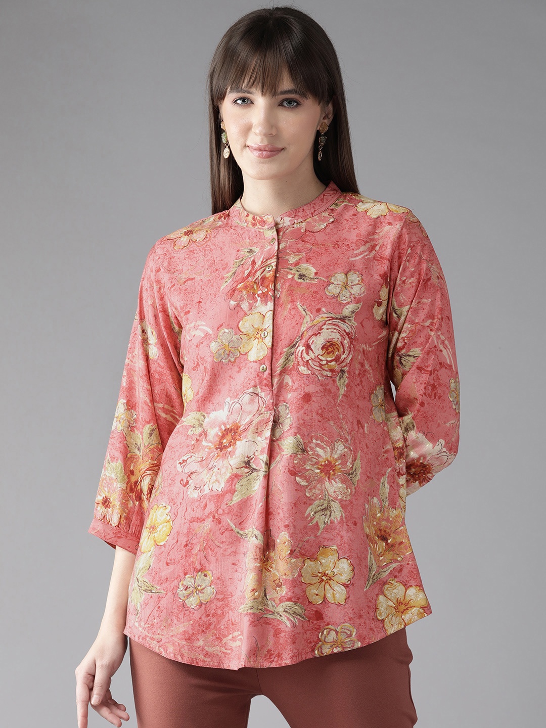 

Cayman Floral Print Mandarin Collar Longline Ethnic Top, Peach