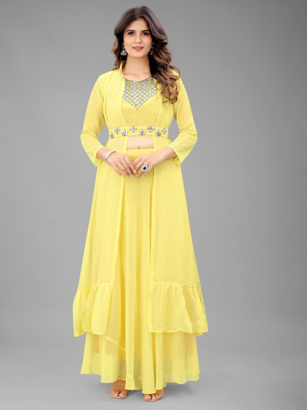 

ISHA TRADE Embellished Top With Skirt & Shrug Co-Ords, Yellow