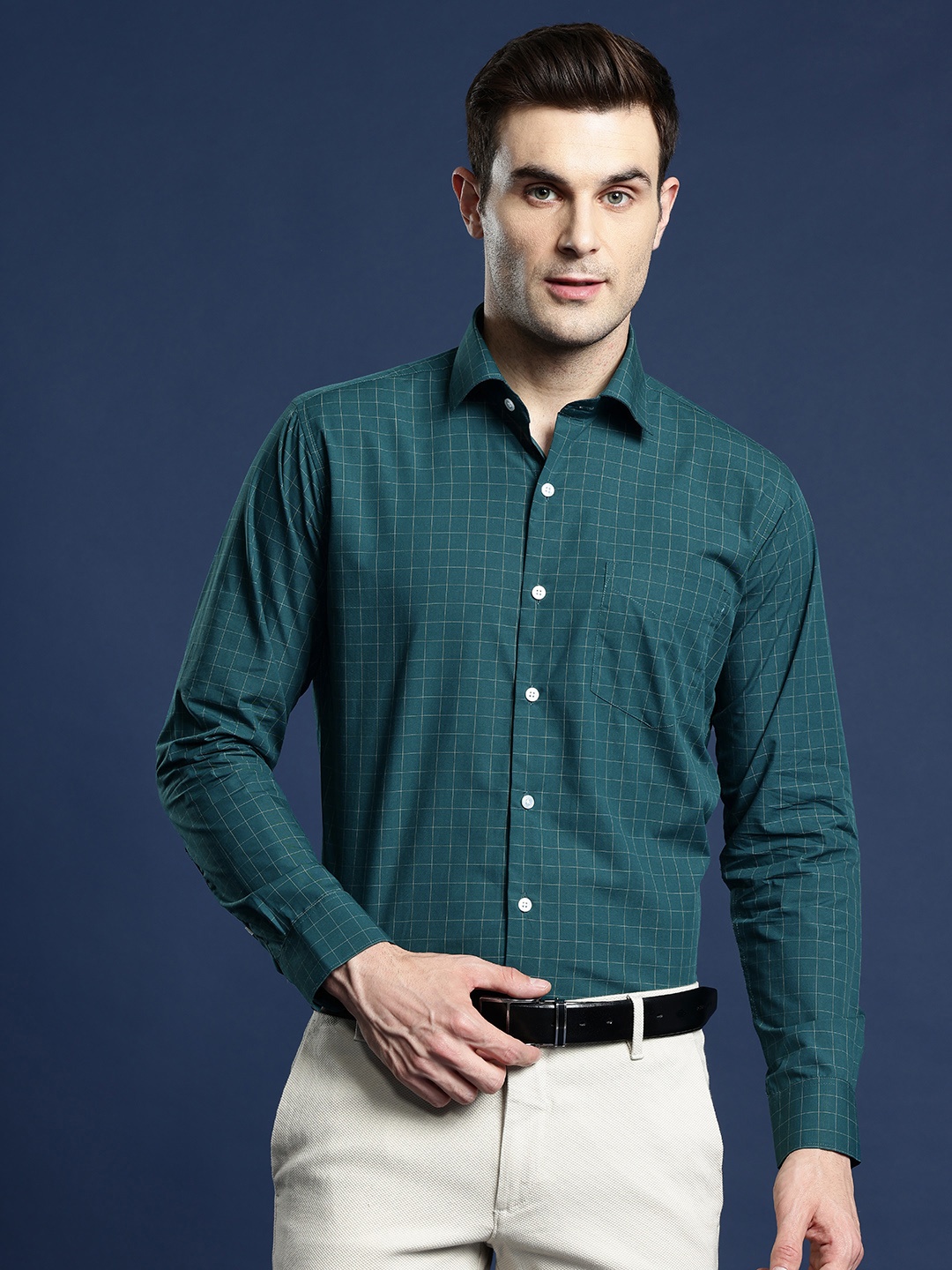

Hancock Men Standard Slim Fit Checked Formal Shirt, Green