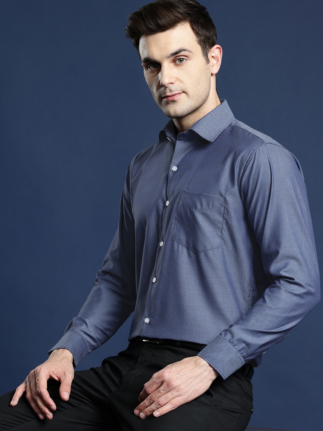 

Hancock Men Standard Slim Fit Self Design Formal Shirt, Navy blue