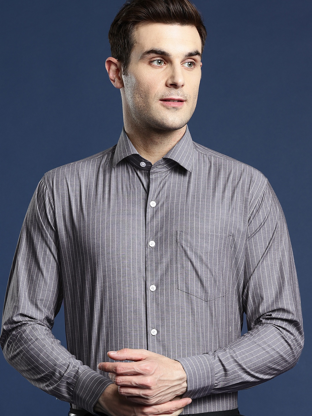 

Hancock Men Standard Slim Fit Striped Formal Shirt, Grey