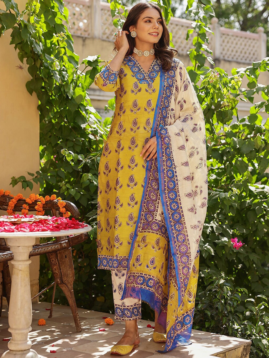 

KALINI Ethnic Motifs Printed V-Neck Kurta with Trousers & With Dupatta, Yellow